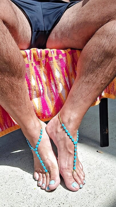 Sitting outside in the sun showing off my barefoot sandals and toes