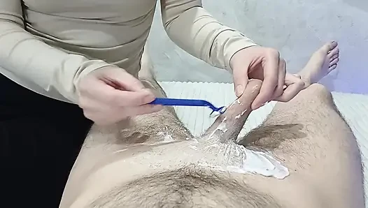 The stepdaughter shaved her stepfather's penis and gave him an oily handjob with a ruined orgasm.