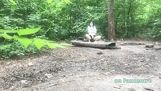She's pleasuring her pussy  a sweet brunette MILF in the forest, and I'm secretly watching her!