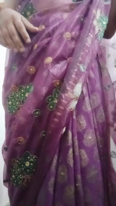 Indian Gay Crossdresser Bottom Gaurisissy showing her big boobs in purple saree | Clip 1