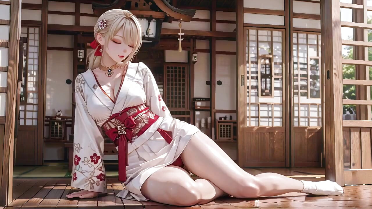 Blonde Kimono Girl! Forbidden Contrast From Shrine to Pure White Bed, Half-unbuttoned, Fingertips Trembling