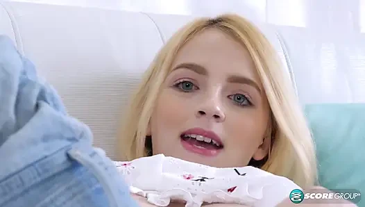 Skinny Blonde Kate Bloom Sniffs Her Panties and Strokes Her