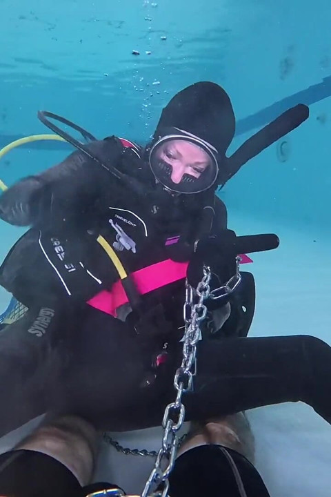 Underwater Scuba Slave Training - Dominated in Chains & Wetsuit Edging