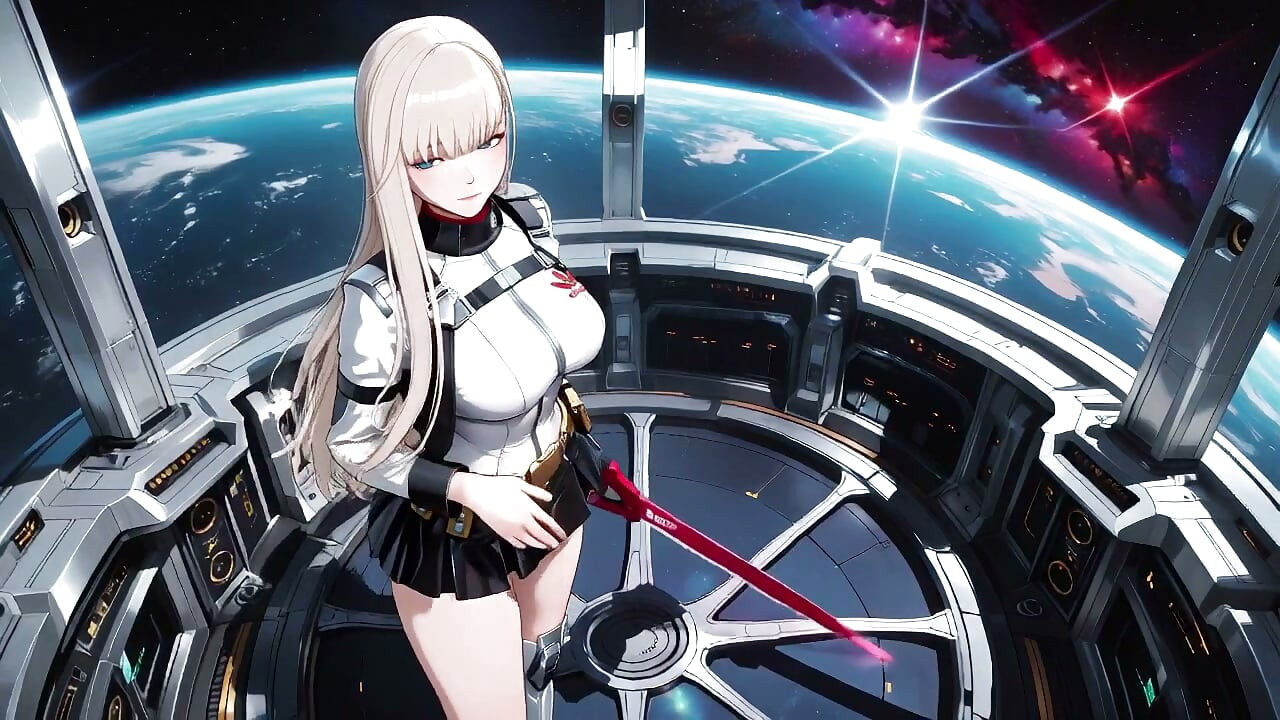 Private moments inside the futuristic spaceship where her white uniform is stretched to perfection.