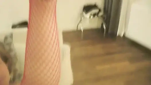 Swemature in red fishnet stockings, pornheels, fucking, sucking cock, and taking cum in face and mouth