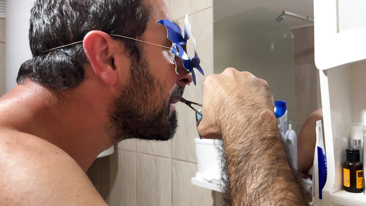 Grooming Routine Earl Smile Trimming Beard With Scissors In Bathroom
