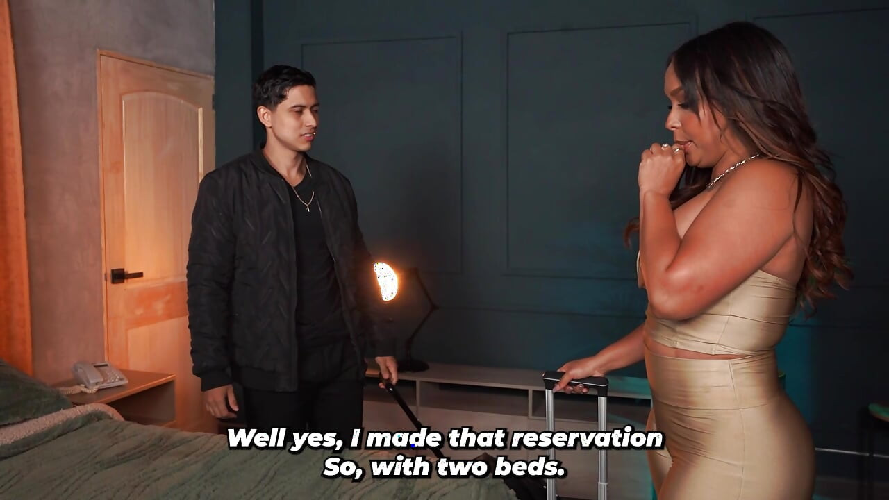 Busty stepmother and stepson end up sharing a hotel bed after a mix-up, but they have a great time alone together!