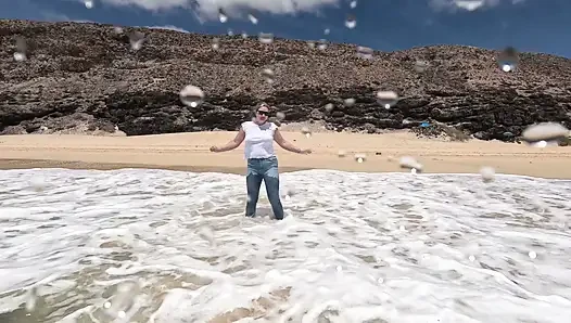 Girl Wetting Jeans in the Ocean and Swimming in Wet White T-shirt