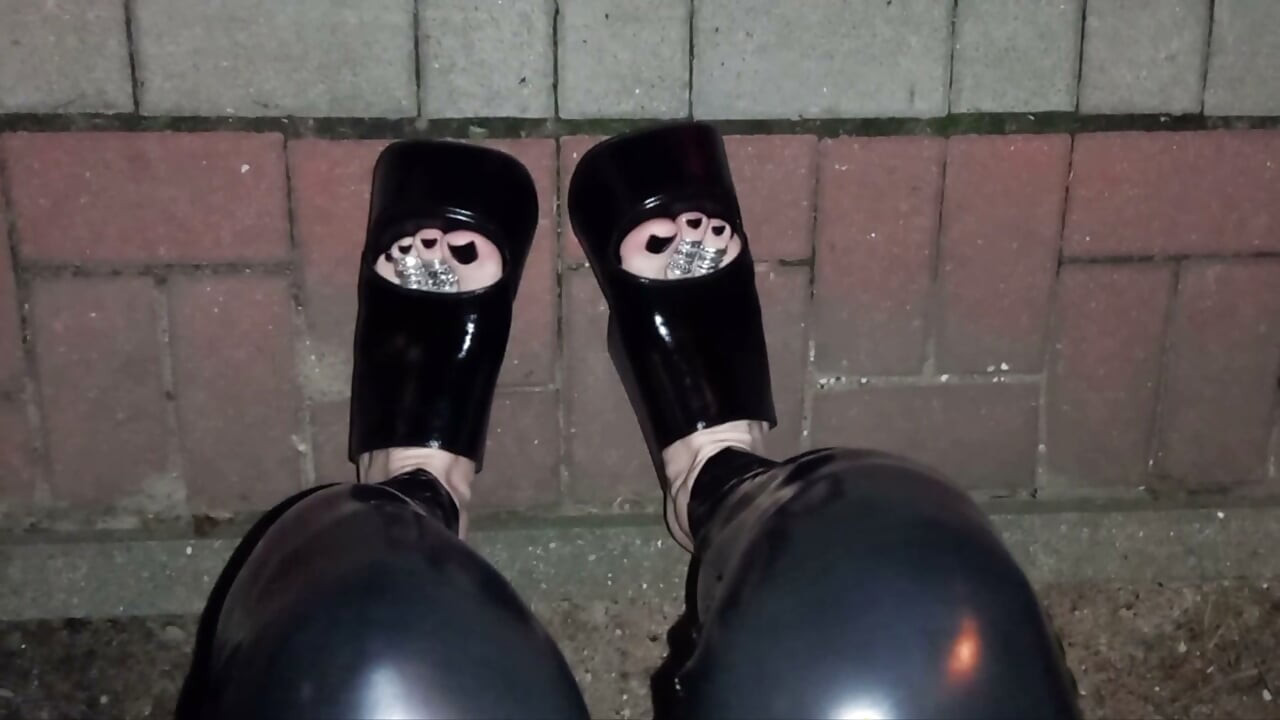 Alone at Night in Ultra-Tight Latex and Platform Mules Just to Make Men Stare and Drool