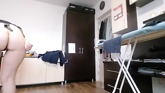 Sexy wife does housework naked. Brunette hairy pussy, big ass, big tits