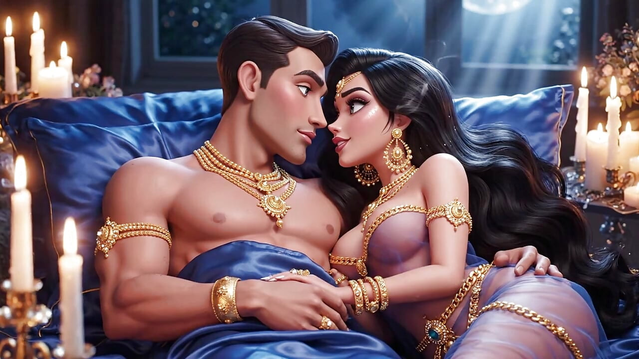 Erotic Fantasy Romance - casal de jóias douradas beijando fundo e brincando na cama