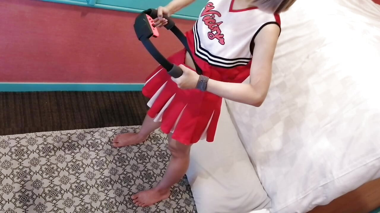 A cute, busty married woman does exercise 3 in a sexy cheerleader costume. Peeking down from above. Home made amateur Private Shoot