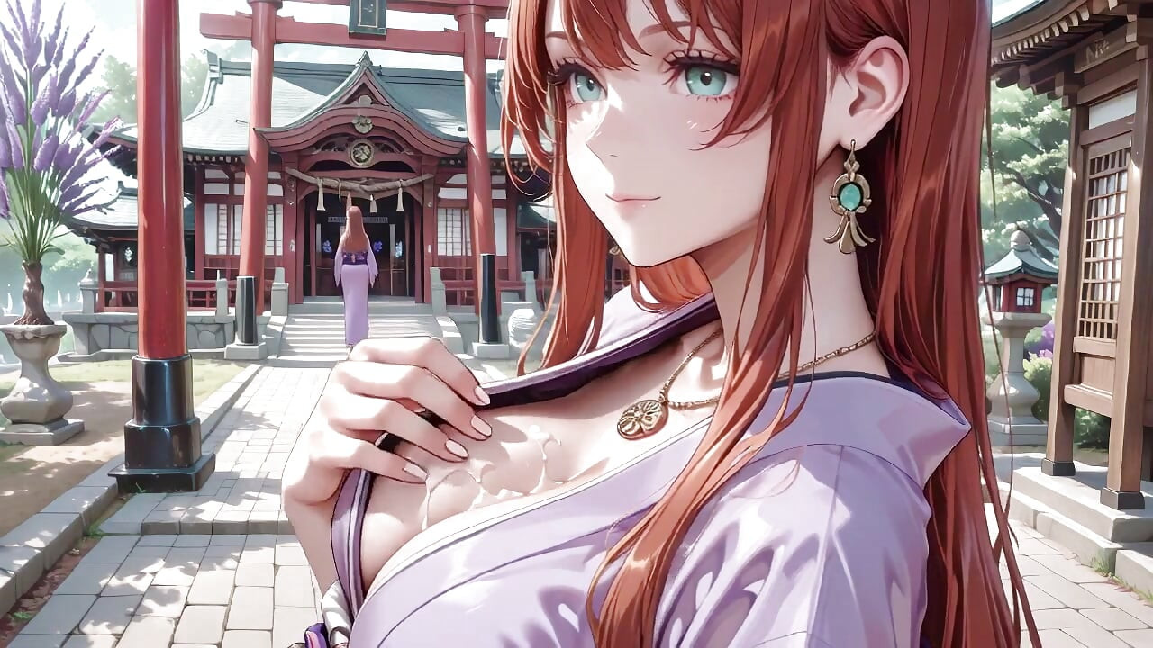 Red-haired Kimono Goddess! Kneeling Under the Sacred Torii Gate, She Adjusts Her Soaked Backless Outfit with a Shy Gaze.