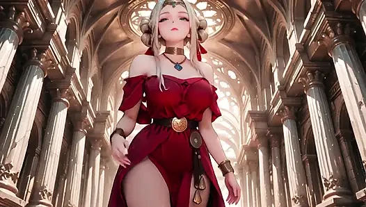 Blonde Goddess in Red! Forbidden Gaze in the Ancient Corridor, Deep V & High Slit teasing you.