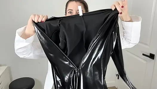 Trying on Shiny Spandex Catsuit with White Lab Coat