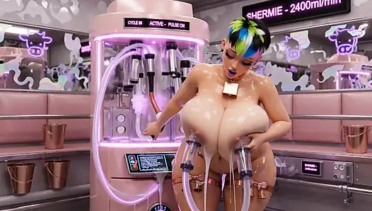 İnek kız sağım makinesi - büyük memeler emiyor ve dolu cam şişe