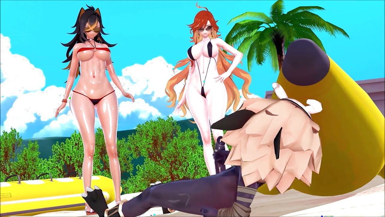 Genshin Impact - chicas Genshin en el campamento de playa de Hilichurl - sexo duro - animaciones hentai en 3d