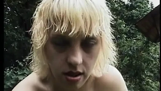 Older blonde babe dildo fucks herself outdoors