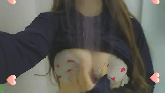 Totally wet horny babe taking a  hot shower and masturbation, mouth close up, wet hair and cute bra
