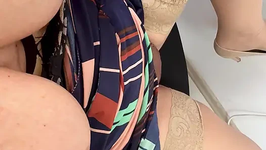 Elegant secretary takes out her big tits and masturbates in front of her boss