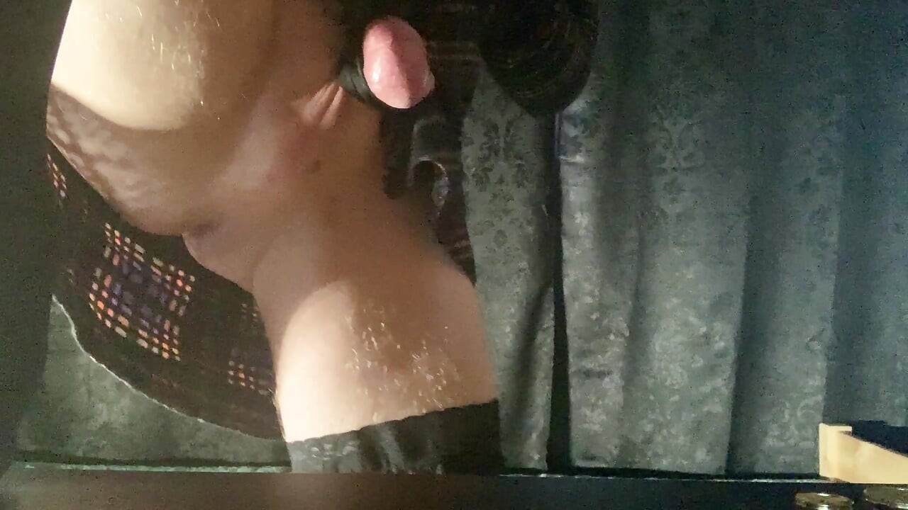 Crossdressers self spanking with tied balls and small dick