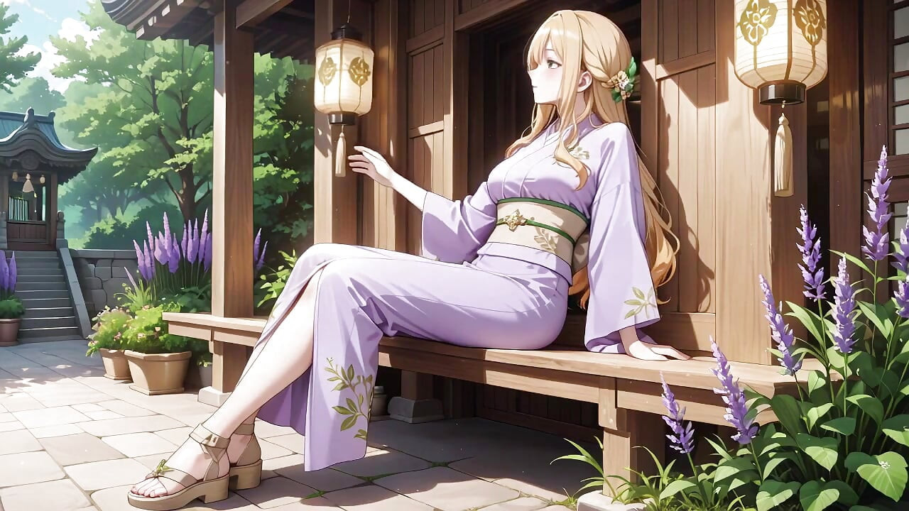 Loira em Lavender! Ajoelhando-se descalça sob o portão vermelho de Torii, seu andouf vibrando na brisa.