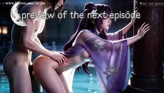 A beautiful woman with long classical purple hair, giving you a fairyland-like experience, 3-way sex,  first episode AI-generate
