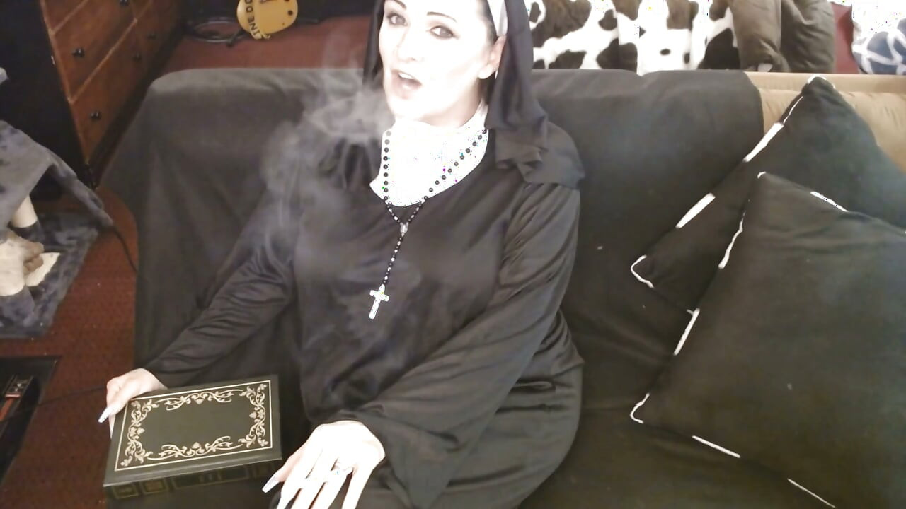 Nun Smoking Ashing in Her Bible Virginia Slims 120