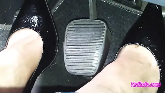 Driving and Revving in Black Pumps on Bare Foot