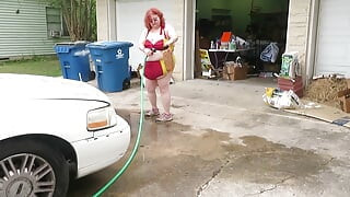 Car wash in and out of my iron man bikini set part 2 flashing