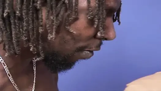 Blonde spreads legs as a huge black cock drills her holes to cumshot