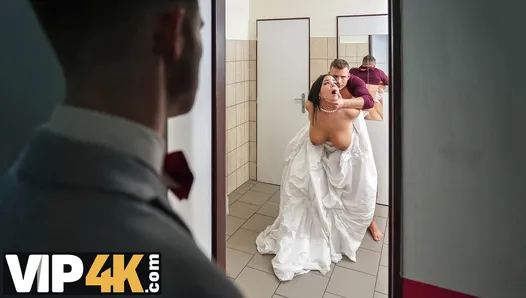 VIP4K. Being locked in the bathroom, sexy bride doesnt lose time and seduces random guy