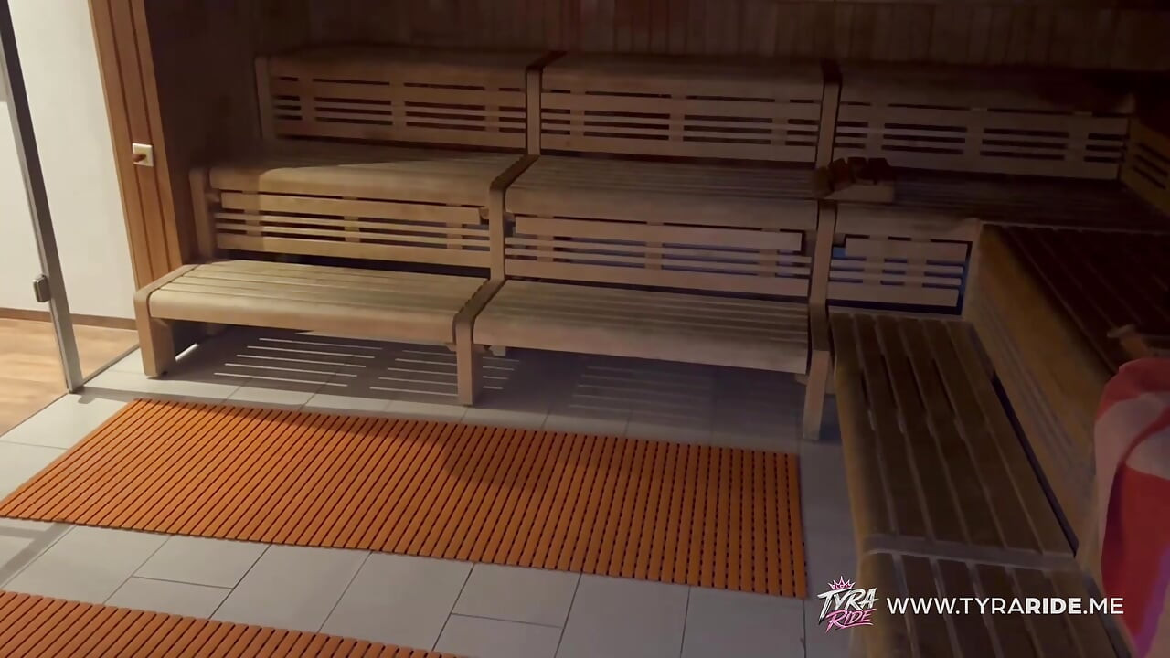 Si rambut coklat bertatu bermain dengan dildo merah jambu dalam sudut pandangan pertama sauna berwap