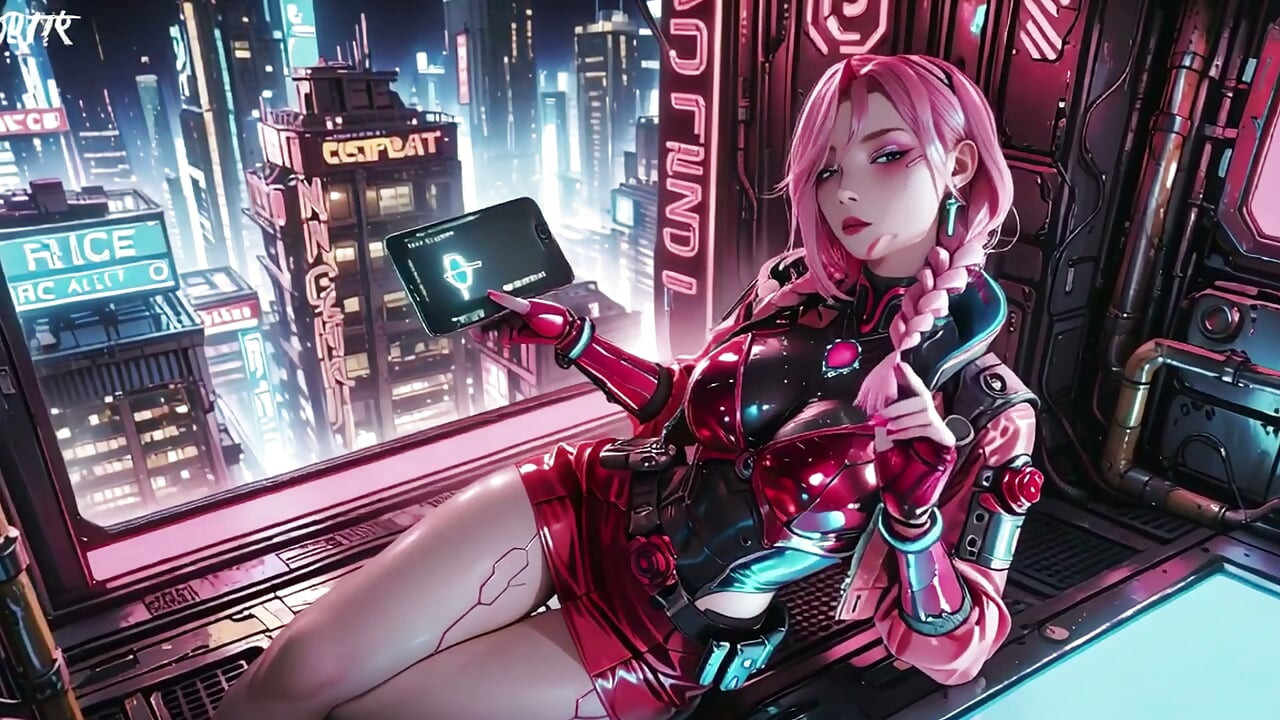 Pink-haired Mech Warrior! Kneeling in Neon Streets, Red Rose & Cold Armor Contrast, Fingertips tracing collarbones.