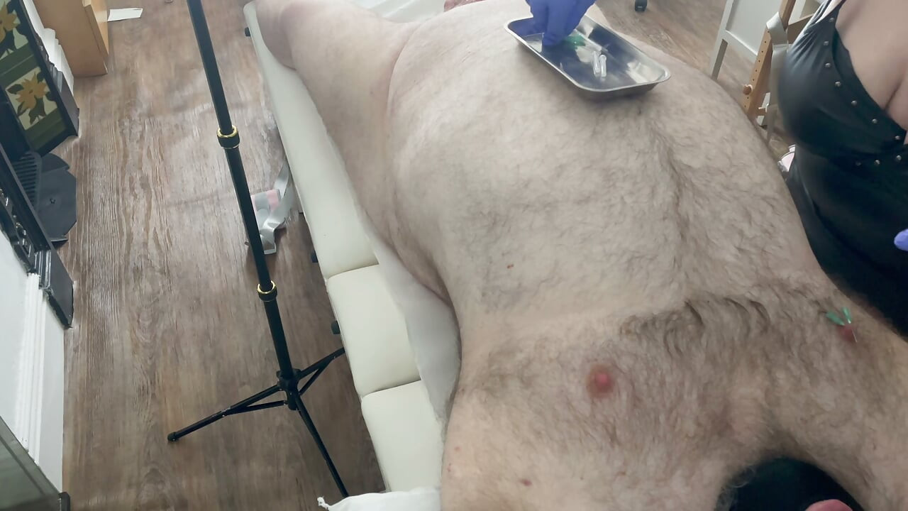 Part 5:- Domina Satana does Medical play on here slave Dazzer. Starting with a 1ft Sound the needle play!