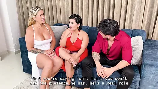 Stepmom shows horny stepdaugther how to ride a big dick , MILF rides and begs for cum