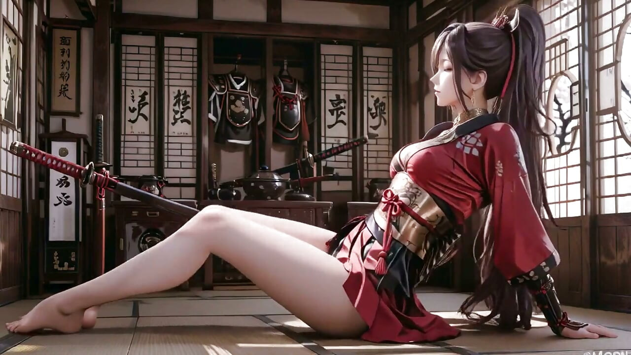 Crimson Samurai! laal baalon vaali yoddha dhoop men ghutne tek rahi hai