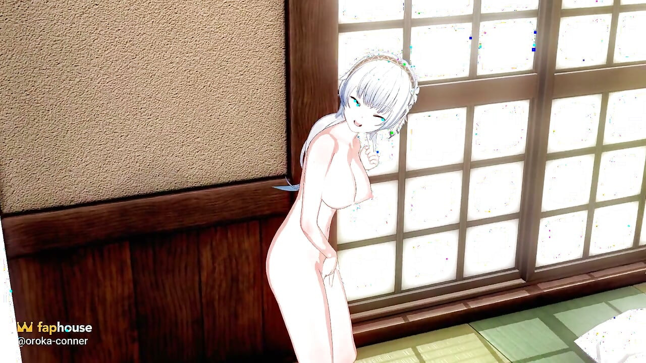 Une beauté aux cheveux blancs se déshabille et se touche dans la chambre traditionnelle - hentai 3D