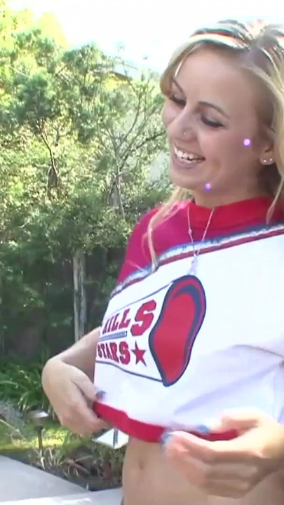 Blonde cheerleader Teen with natural tits in an mmf 3some | Clip 1