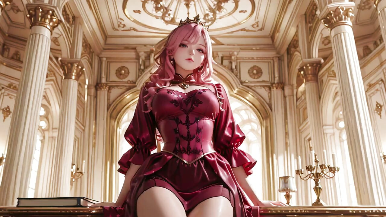 The Pink Queen's Coronation! Deep red silk, golden goblet, and a lazy gaze from the throne. Pure fantasy.