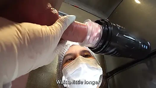 LATINA NURSE milks my CUM sample with Machine and his deepthroat