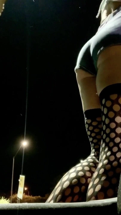 Sexy ass tight jean shorts and fishnets on outdoor display hot sissy TS