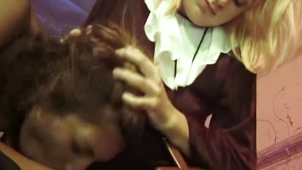 Blonde and Brunette in Steamy Warehouse Threesome with Pink Lights