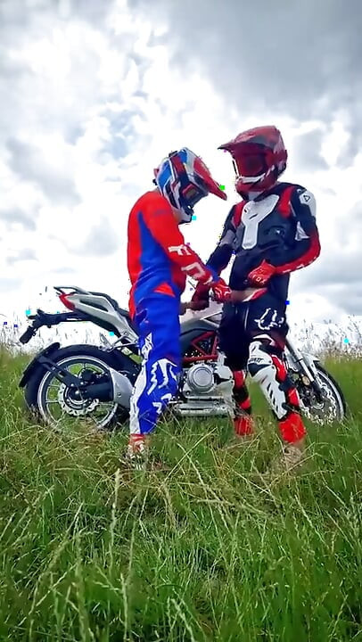 Hot Motocross Boys Cum Near Motorcycle