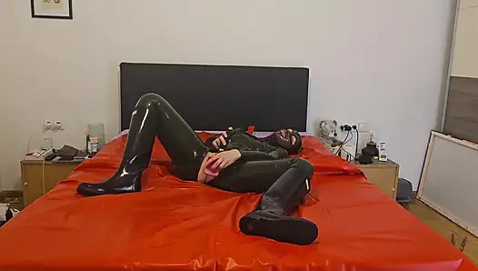 Latex Girl in Rubber Boots Masturbate with Dildo and Magic Wand Until Her Orgasm! She Love It to Moan!