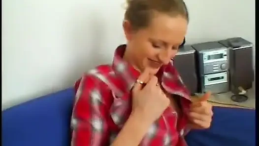 Casting blonde sweetie wearing high heels while sucking and jerking cock