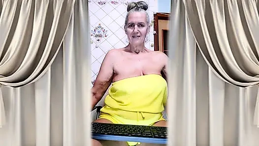 Cheerful Housewife Lukerya Shows Her Bare Feet in Kitchen. Mature Soles and Toes Close Up