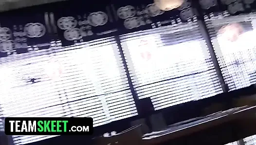 Blue eyed blondie flashes her tits and pussy in restaurant and then rides my hard cock