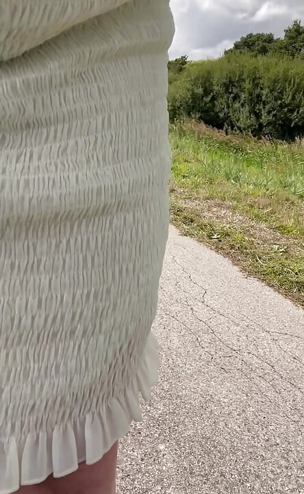 Crossdresser husband windy summers day wanking outdoor exhib in heels dress tits n ass.