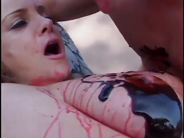 Horny cock sucking babe and bf fuck while covered in syrup on the floor